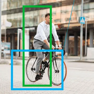 Camera view of a street: a cyclist classified as a two-wheeled vehicle