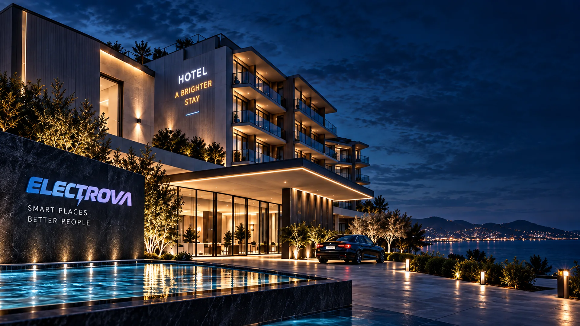 Hotel modern natën, me ndriçim dhe sisteme të integruara