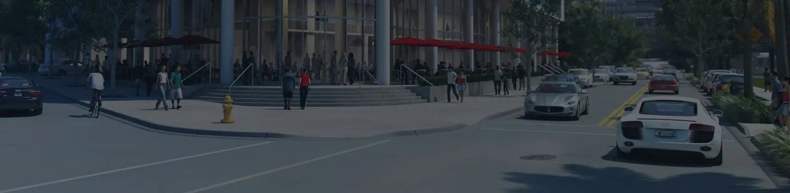 City street with pedestrians and vehicles, monitored by cameras